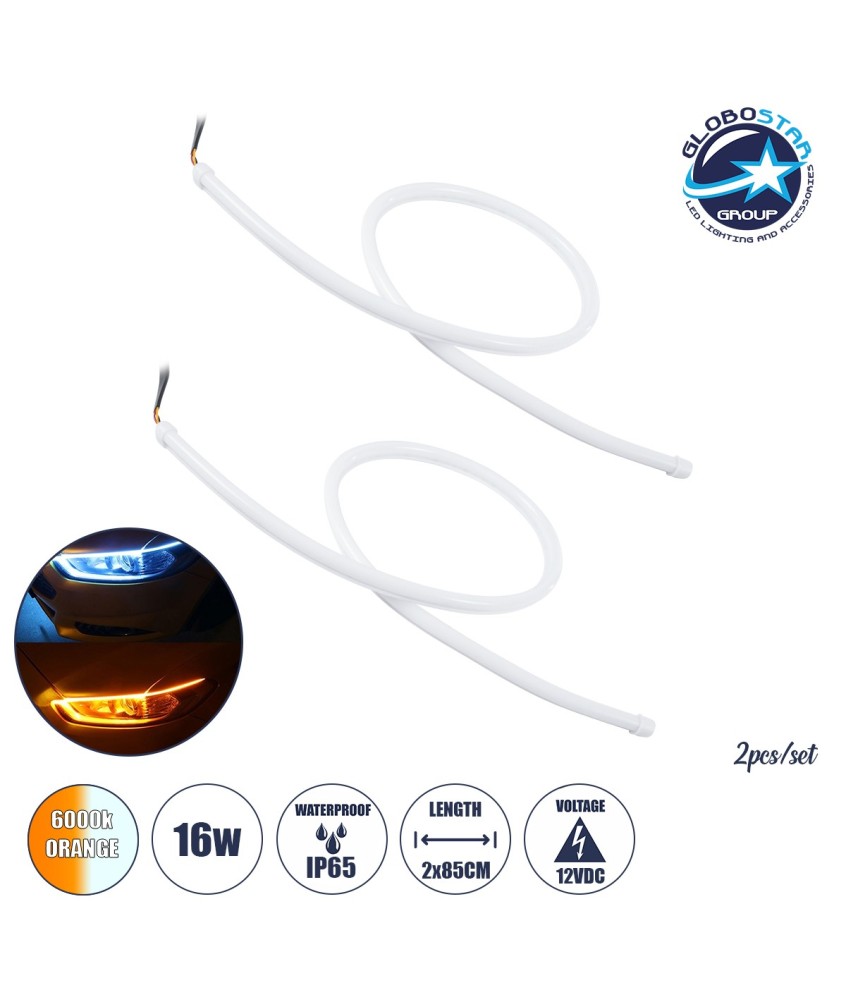 GloboStar® 81726 Σετ 2 ΕΛΑΣΤΙΚΑ - FLEXIBLE DRL + FLASH TURN LIGHT LED CREE COB 85cm 16W 2400lm 360° DC 12V Αδιάβροχα IP65 Πορτοκαλί - Ψυχρό Λευκό 6000K - 2 Χρόνια Εγγύηση